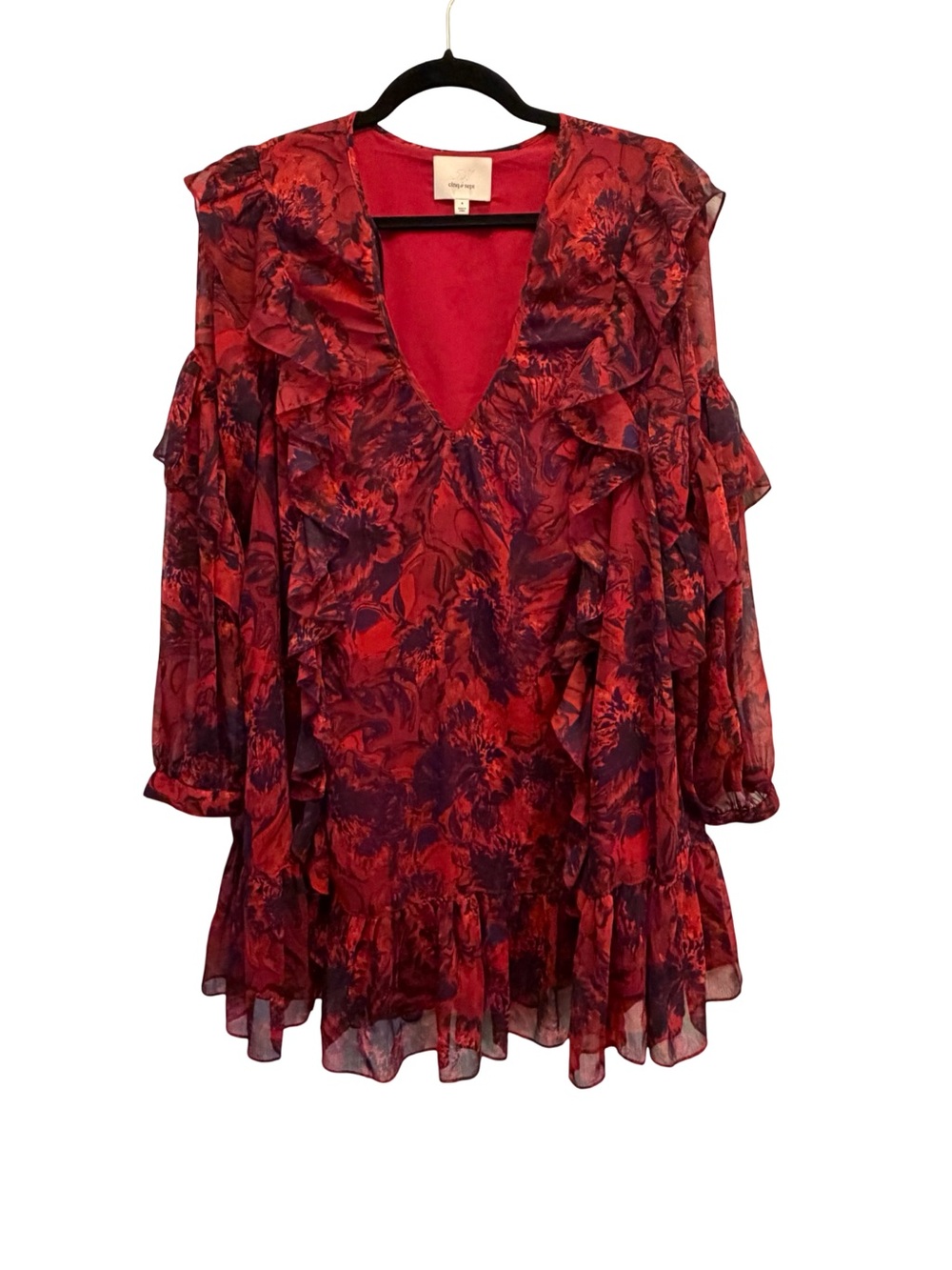 Cinq à Sept Dress Womens 4 Burgundy Red Paisley Ruffle Long Sleeve Cocktail Mini
